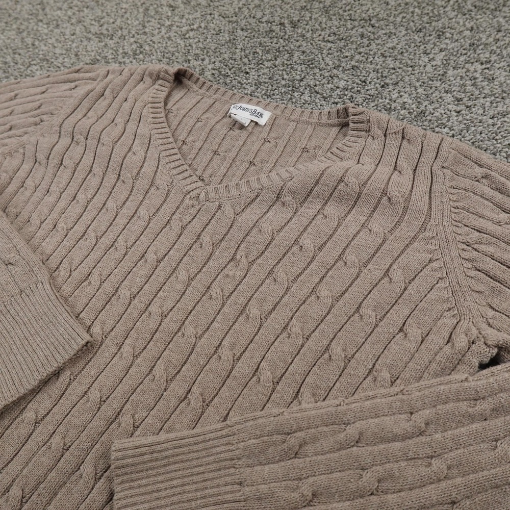 St Johns Bay Sweater Womens L Brown Chunky 3D Aran Cable Knit V Neck Pullover